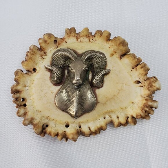 VTG Elk Antler Belt Buckle With Pewter Ram Big Horn Sheep Head Design 4x3 inches - Picture 1 of 8